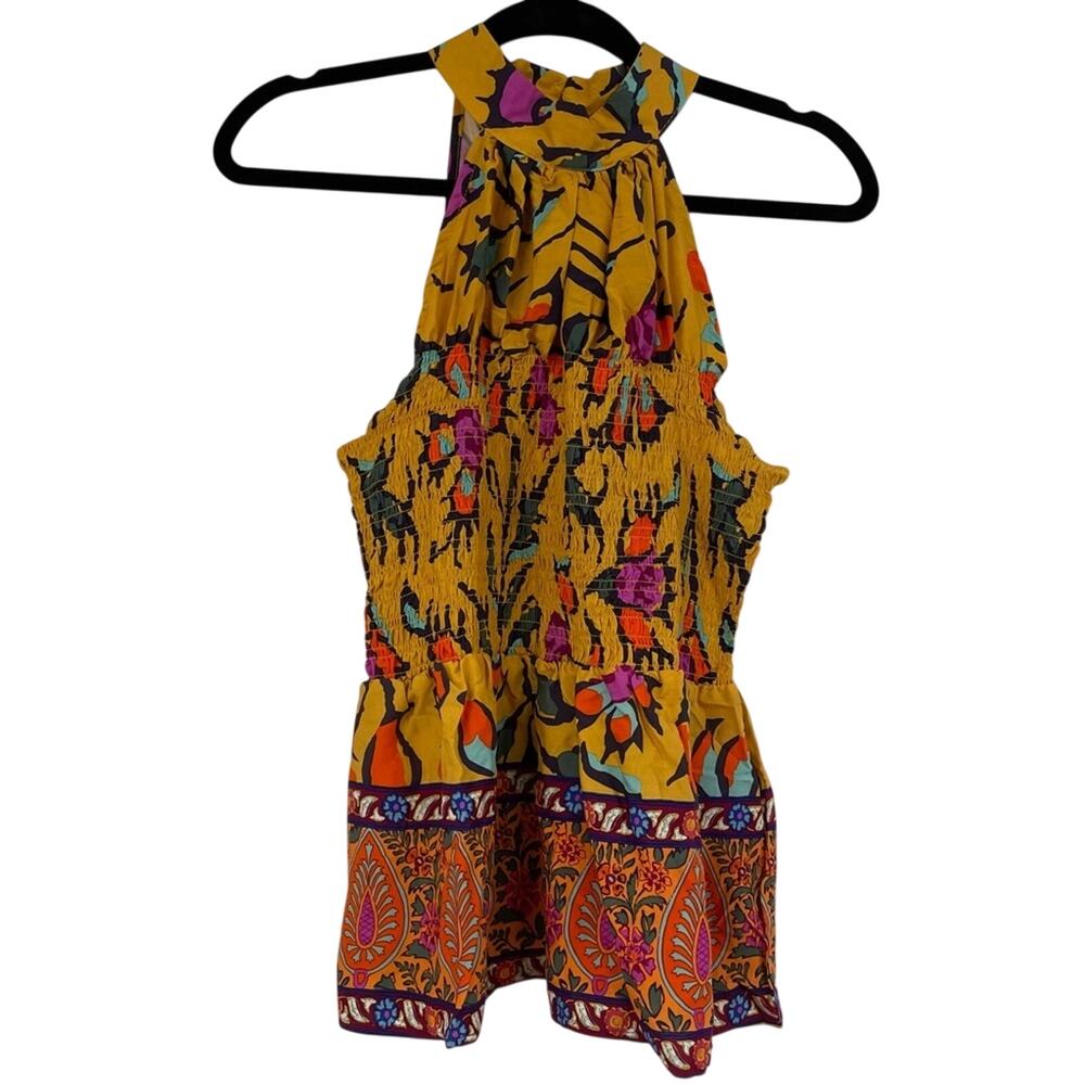 Haute Hippie Mustard Yellow Floral Print Halter Smocked Boho Blouse L Sleeveless - Picture 2 of 13
